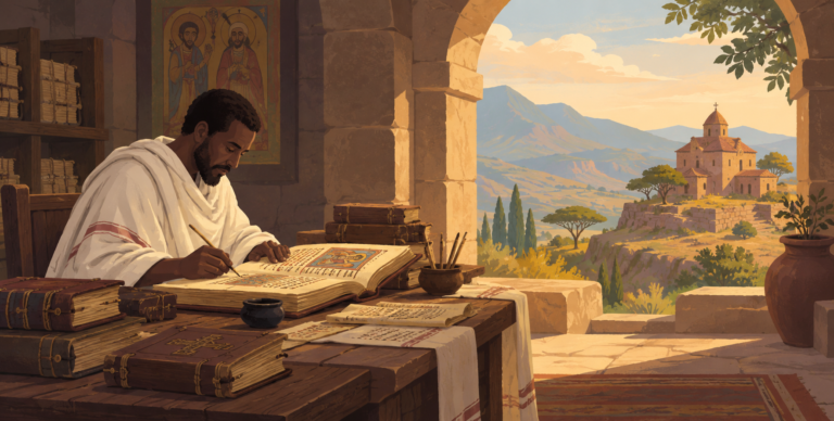 Ethiopian scribe preserving Ge’ez biblical manuscripts in a monastery